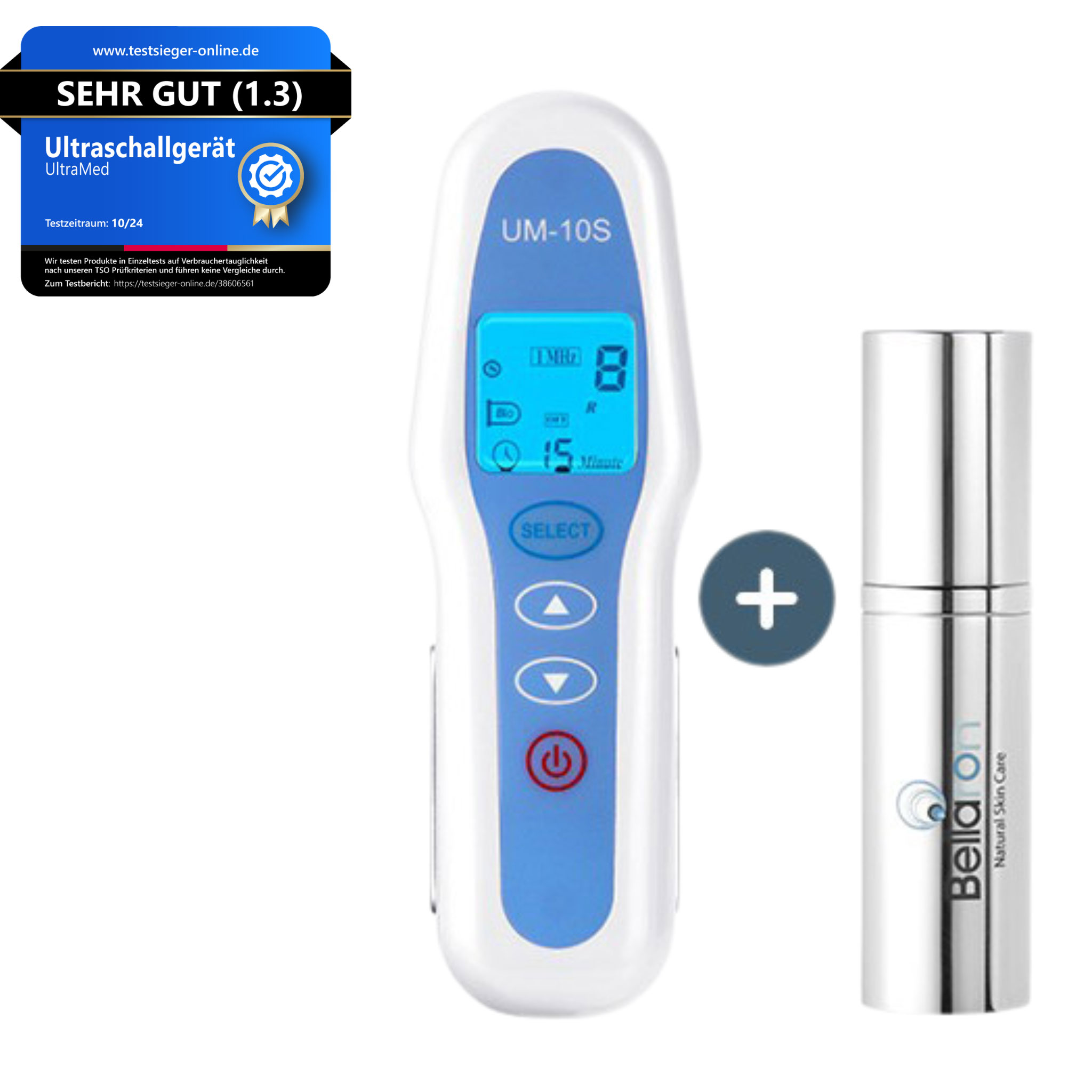 Ultraschallgerät mit 1 MHz + 3 MHz für Körper und Gesicht + Bellaron 3-fach Hyaluron Serum, 15 ml